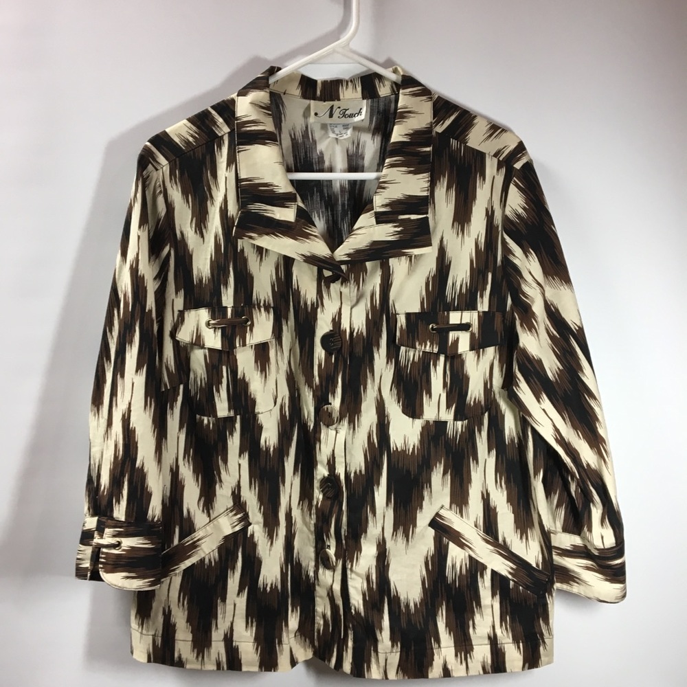N Touch Womens Jacket Black white‎ multi Size L V neck